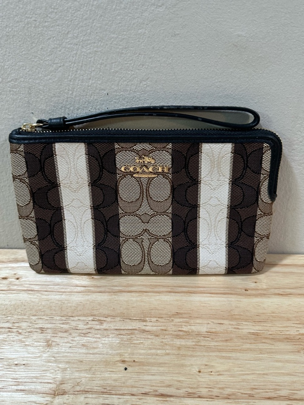 Coach Brown & Cream Signature Stripe Wristlet with Gold Logo